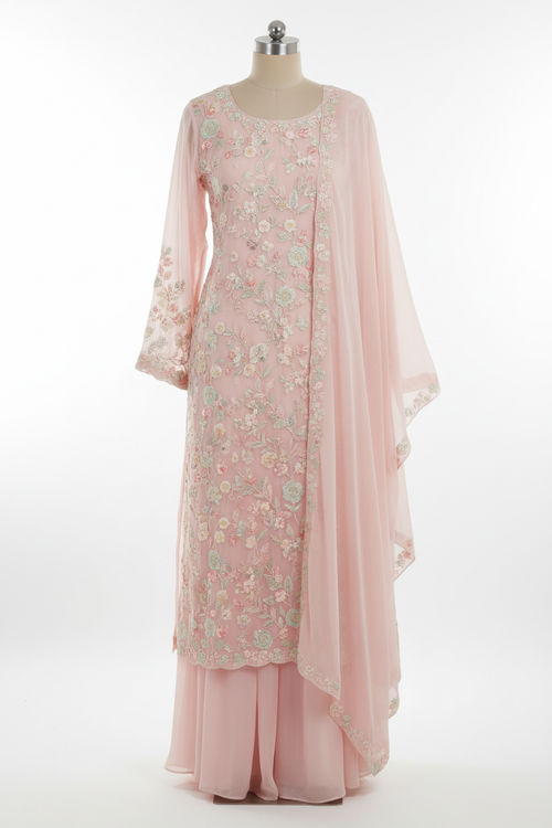 Embroidered Chiffon Kurta with Dupatta - Front View